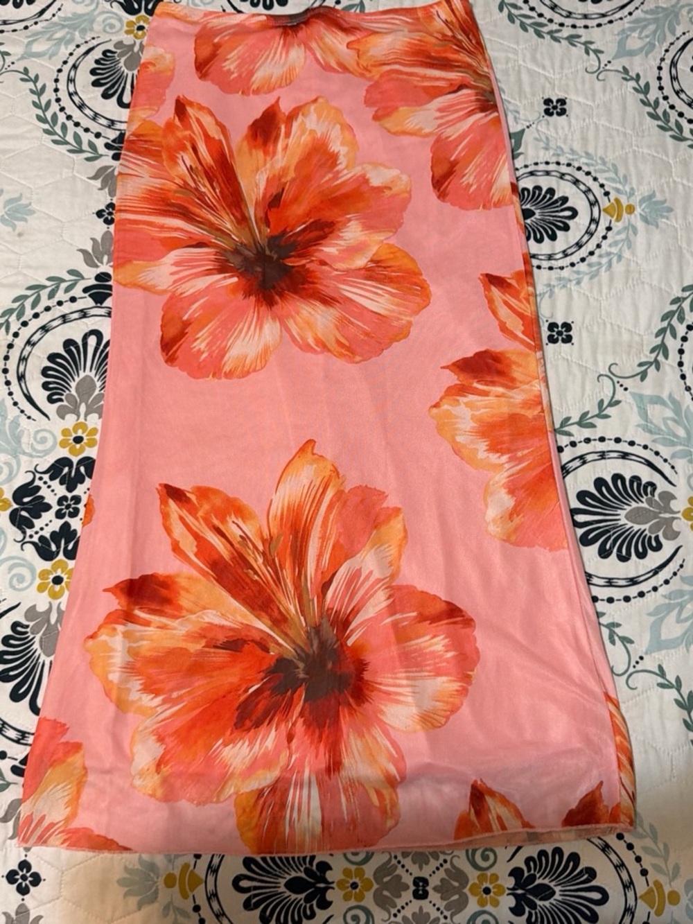 Floral Pink Maxi Skirt with Orange Bloom Design
